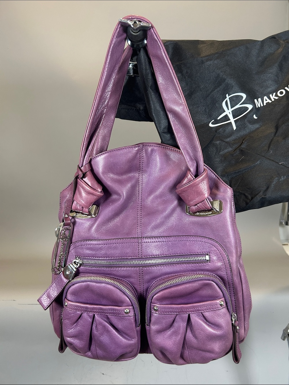 (10+) b. makowsky Purple Genuine Leather Shoulder Bag Purse Dust Jacket Like New